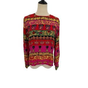 Vtg Dana Buchman Petites Blouse‎ Sz 12 Regal Baroque Print Gold Crowns Red Pink